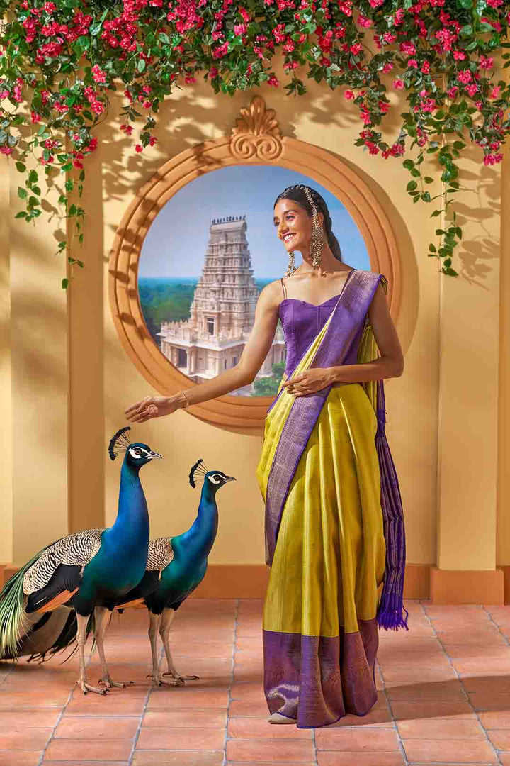 Lemon Yellow Checks Kanchivaram Saree With Purple Border