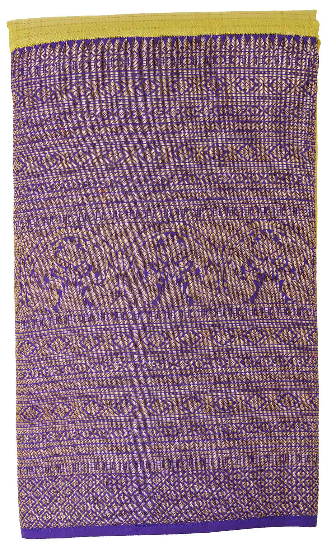Lemon Yellow Checks Kanchivaram Saree With Purple Border