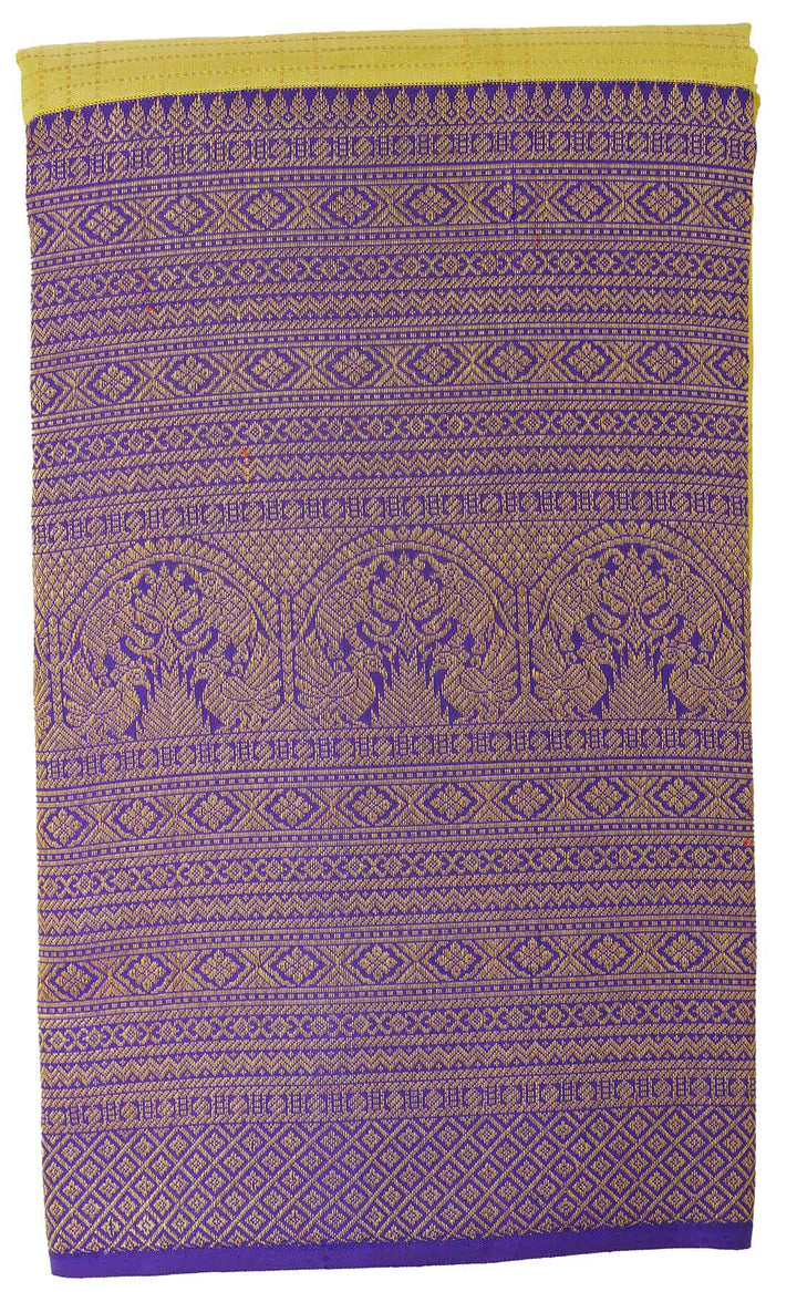 Lemon Yellow Checks Kanchivaram Saree With Purple Border