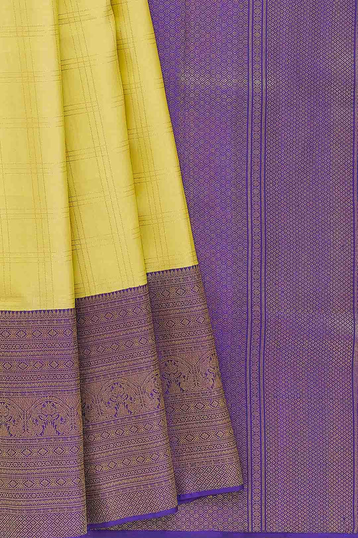 Lemon Yellow Checks Kanchivaram Saree With Purple Border