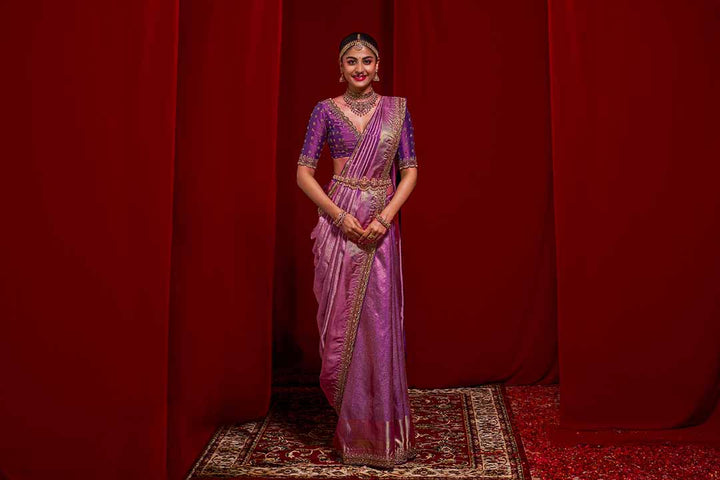 Purple Pink Kanchivaram Saree With Embroidery Border Saree