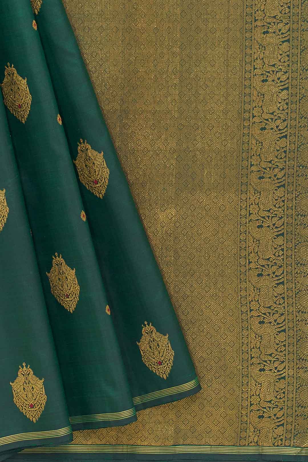 Bottle Green Kanchivaram Saree With Meenakari Buttas