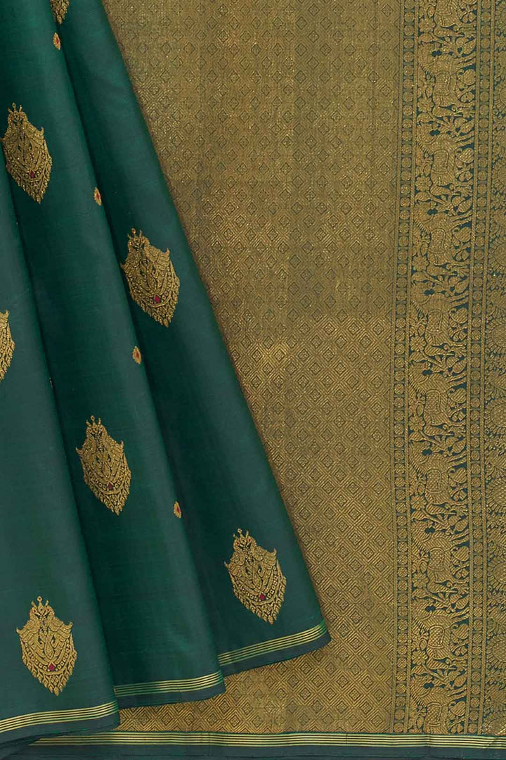 Bottle Green Kanchivaram Saree With Meenakari Buttas