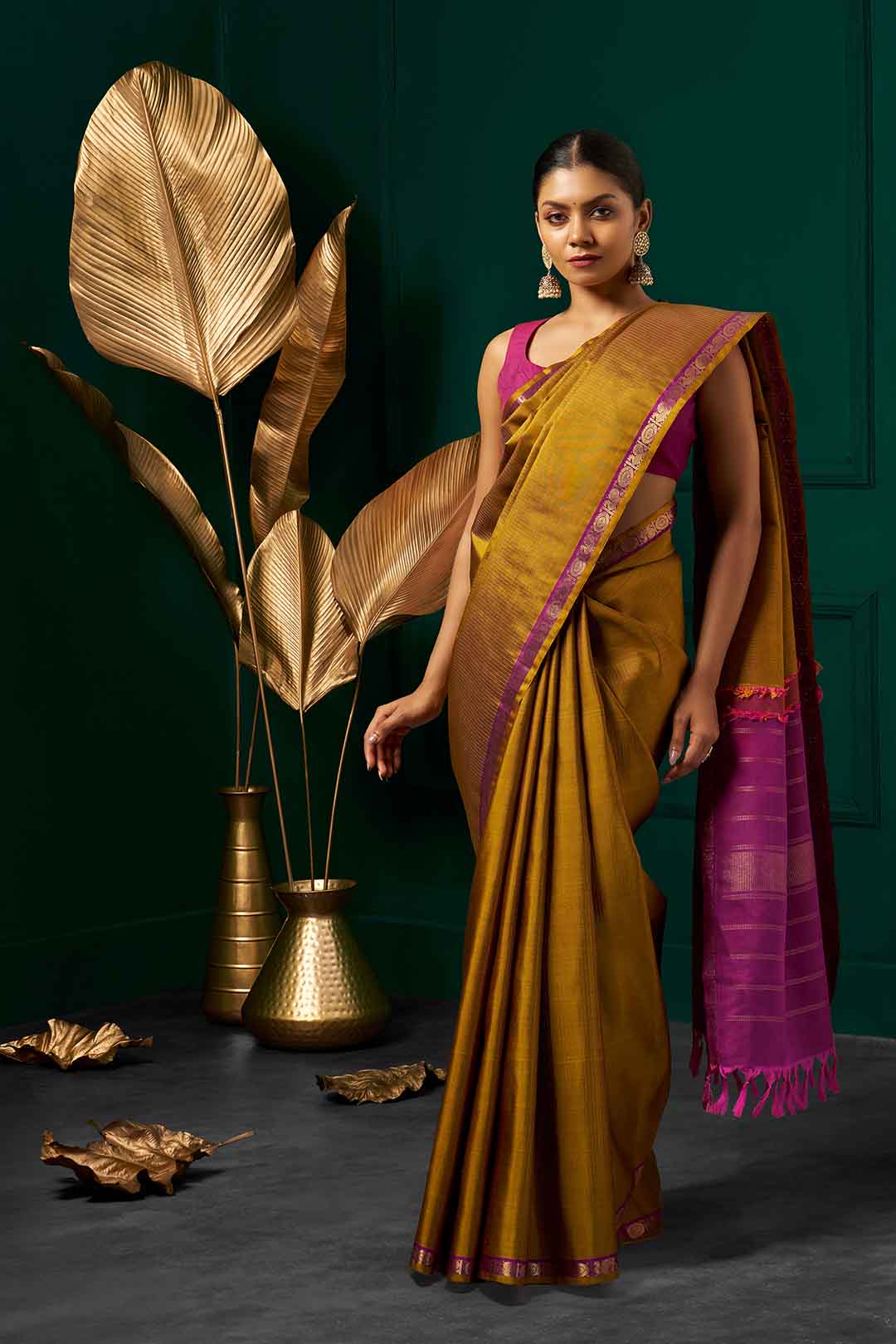 Yellow Gold Kanchivaram Saree With Pink Border