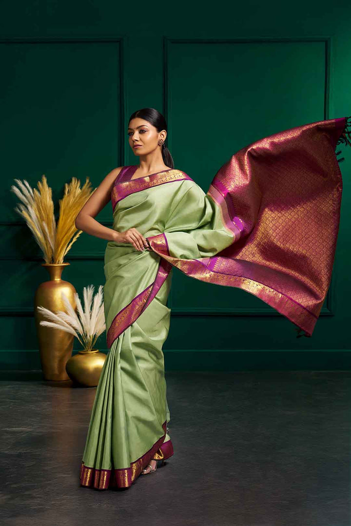 Apple Green Kanchivaram Saree With Wine Border