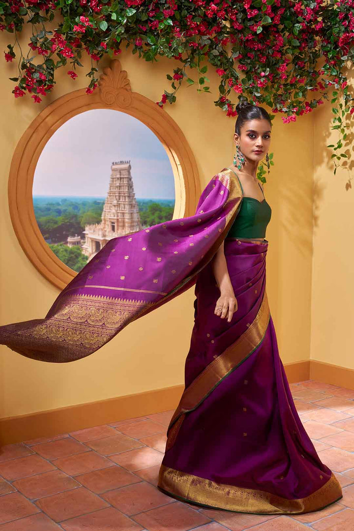 Wine Purple Kanchivaram Saree With Mayilkann Peacock Border