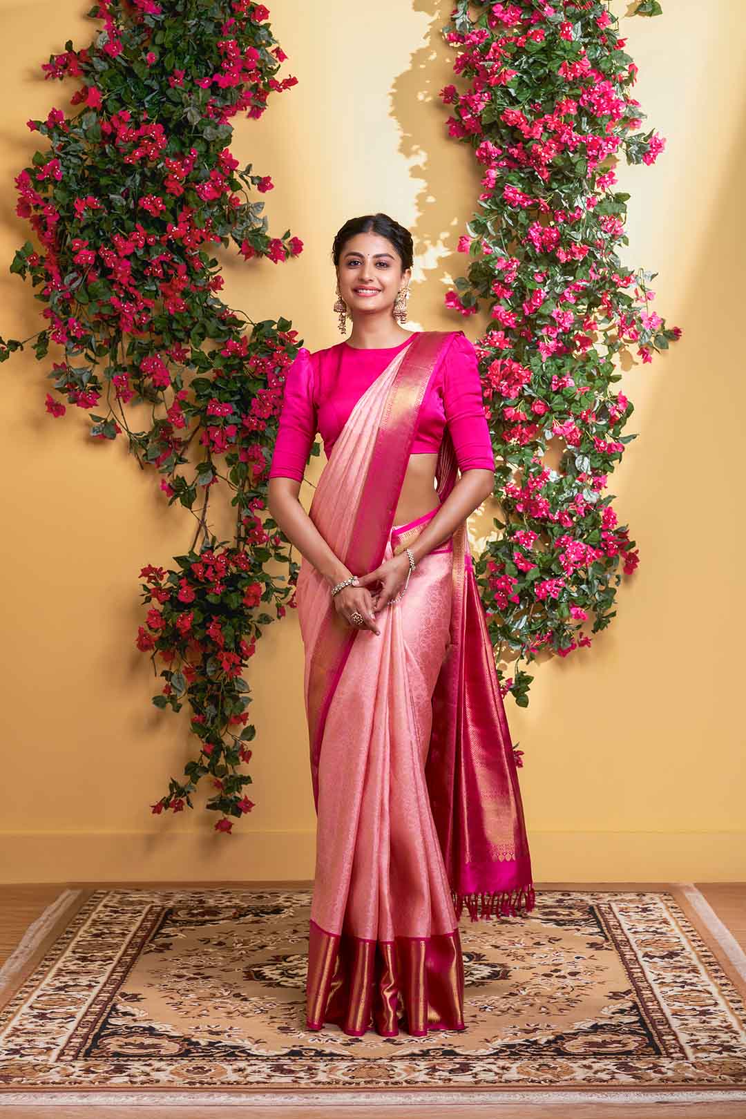 Peach Floral Kanchivaram Saree With Rani Pink Border