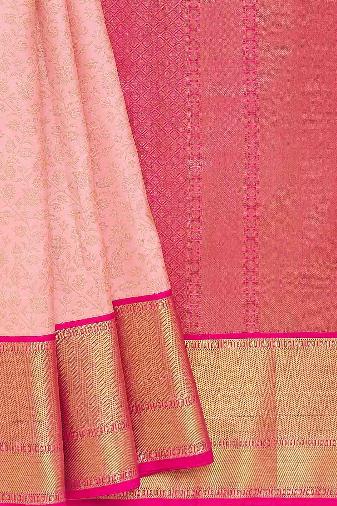 Peach Floral Kanchivaram Saree With Rani Pink Border