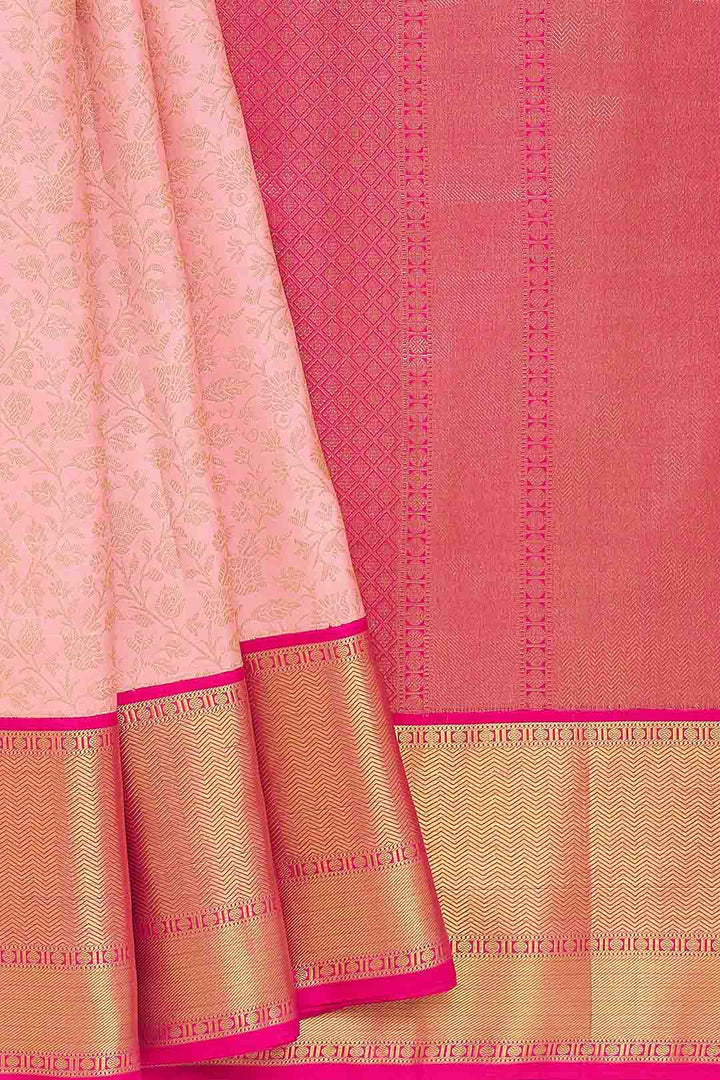 Peach Floral Kanchivaram Saree With Rani Pink Border