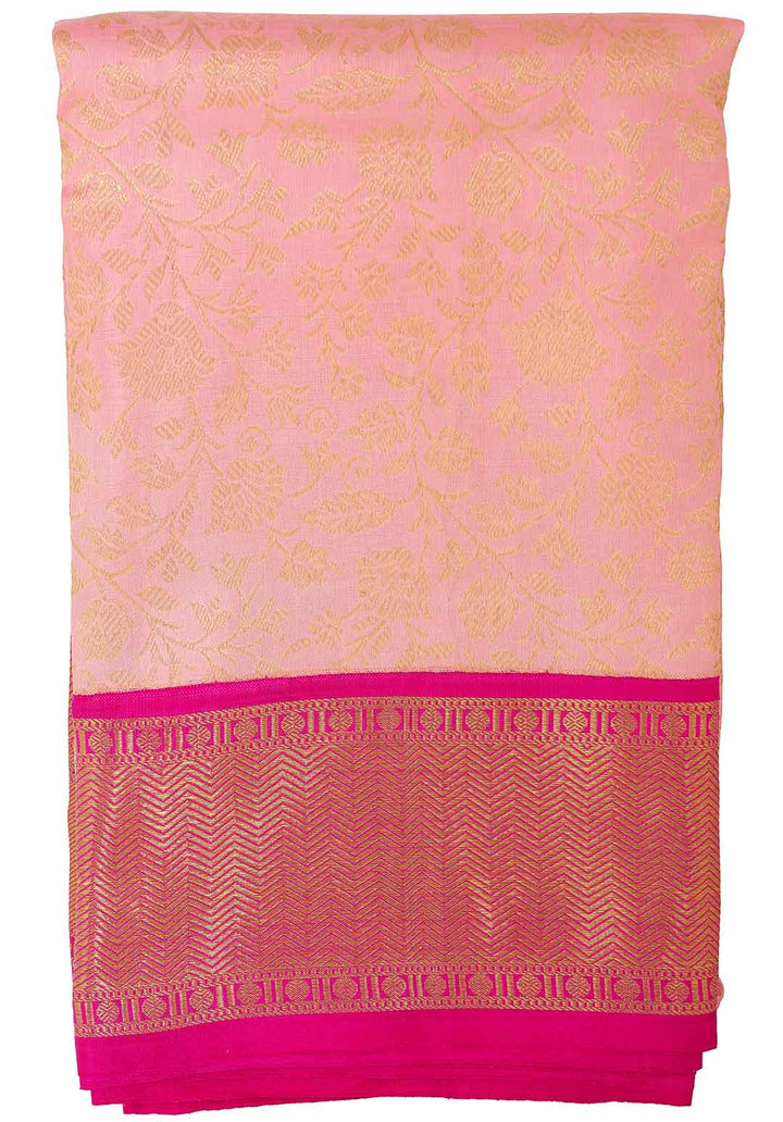 Peach Floral Kanchivaram Saree With Rani Pink Border