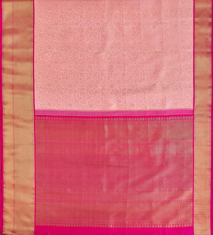 Peach Floral Kanchivaram Saree With Rani Pink Border