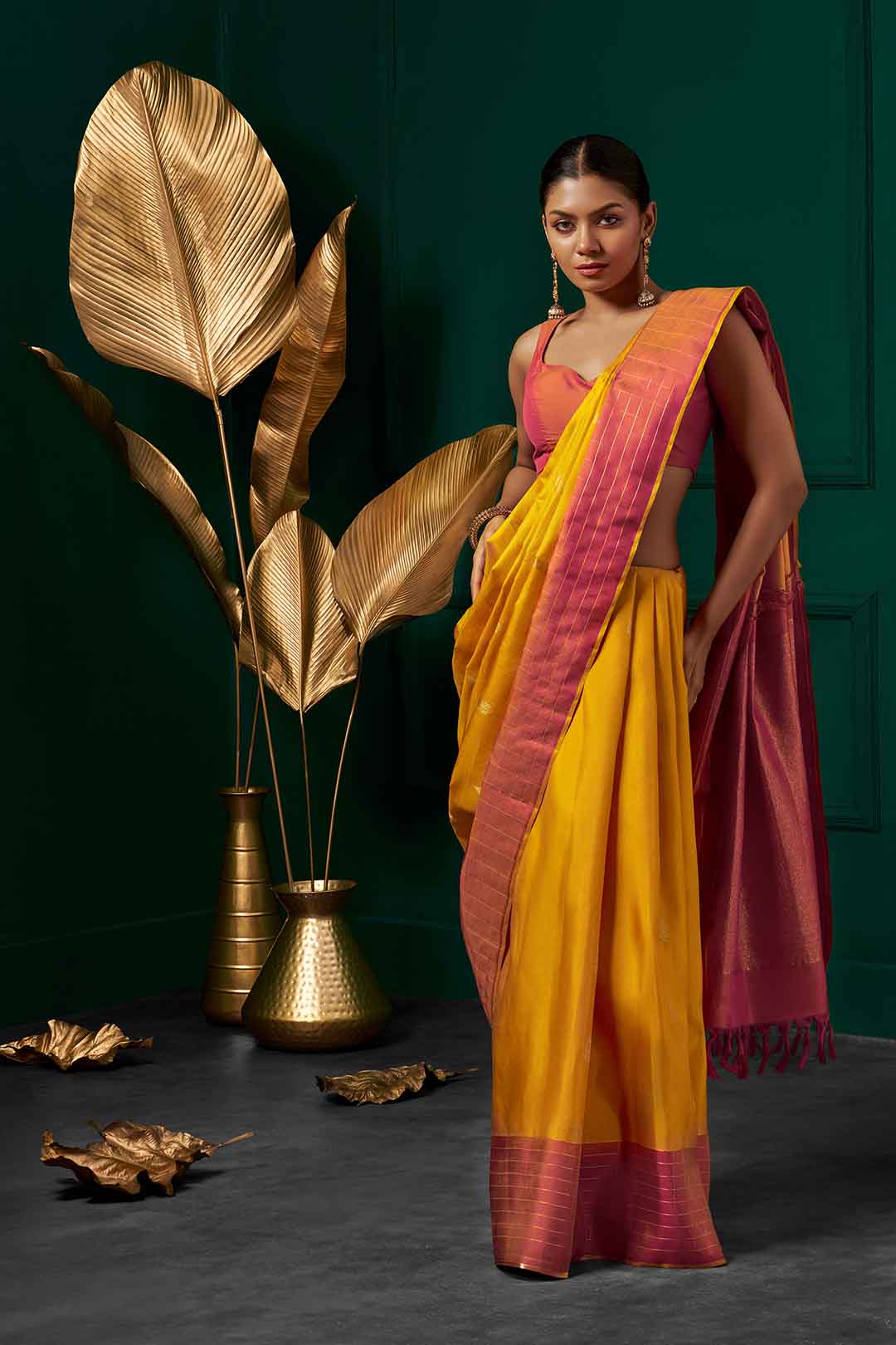 Mango Yellow Kanchivaram Saree With Pink Checks Border