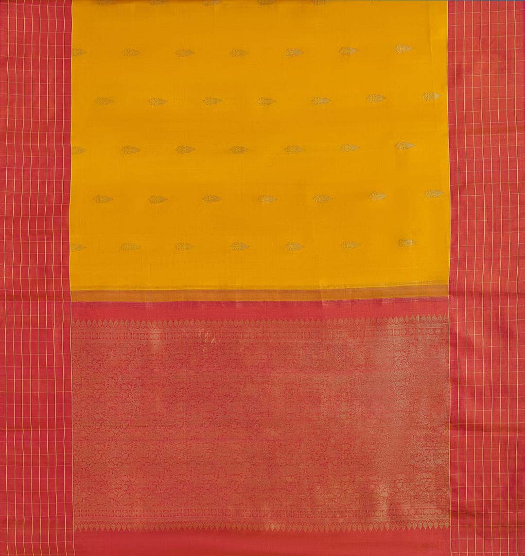 Mango Yellow Kanchivaram Saree With Pink Checks Border