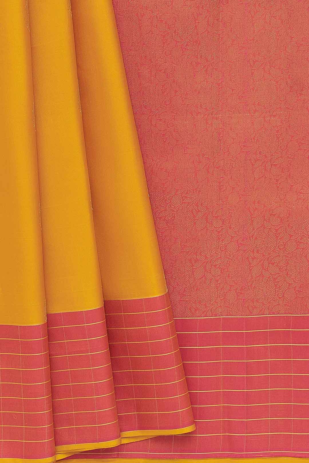 Mango Yellow Kanchivaram Saree With Pink Checks Border