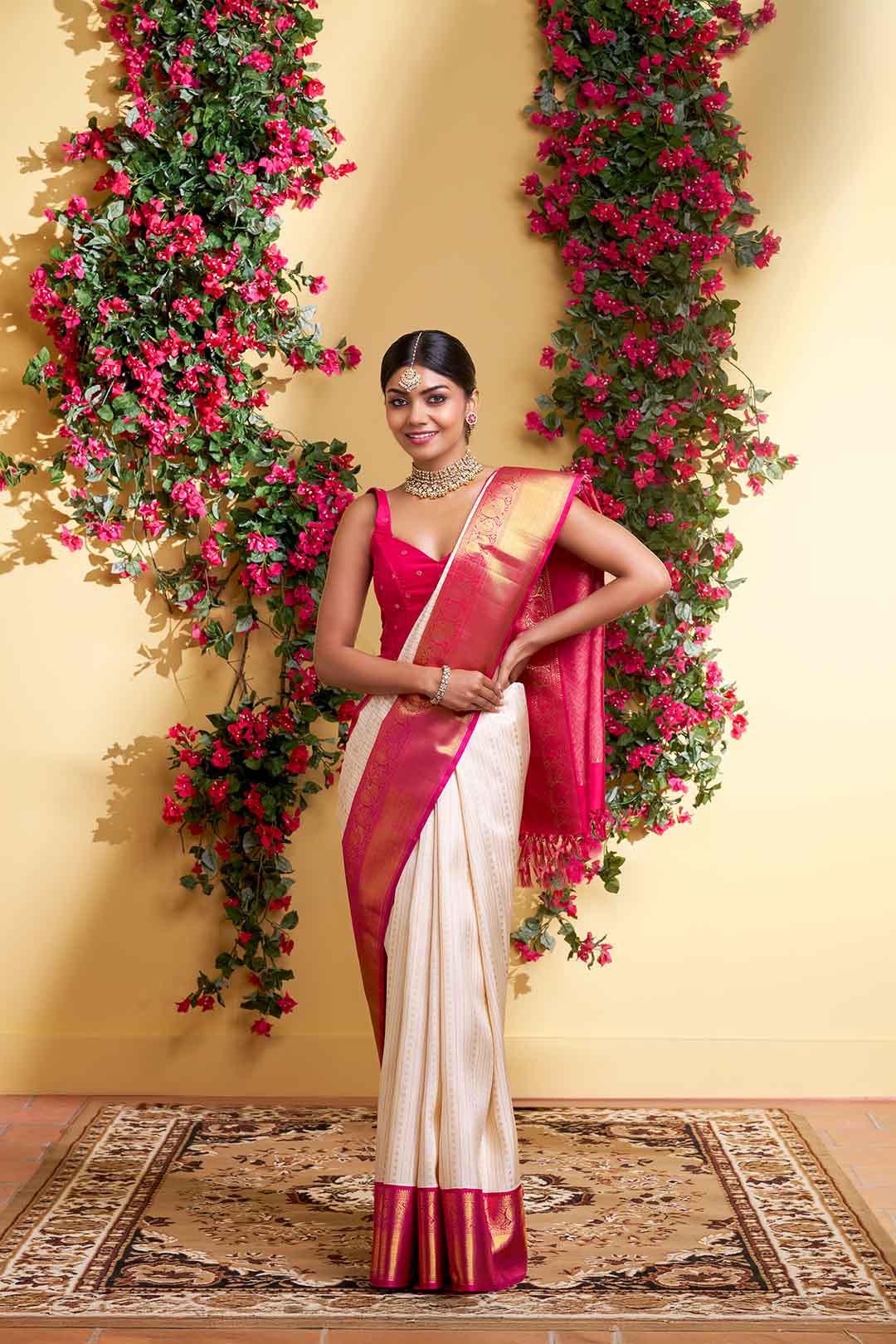 Beige Kanchivaram Saree With Pink Peacock Border