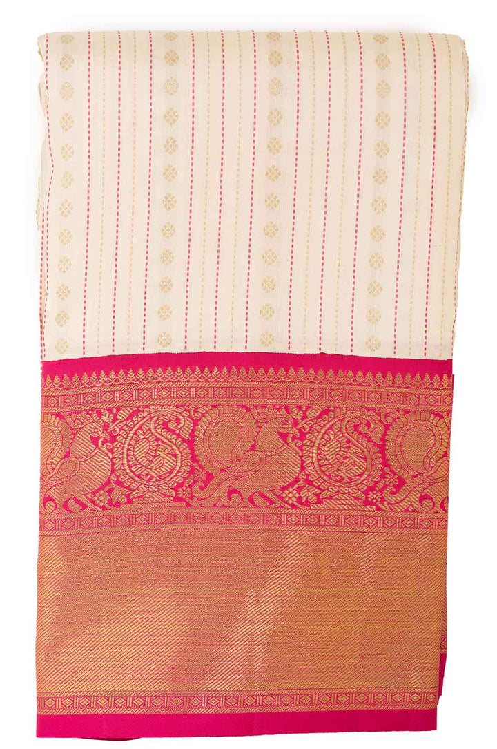 Beige Kanchivaram Saree With Pink Peacock Border