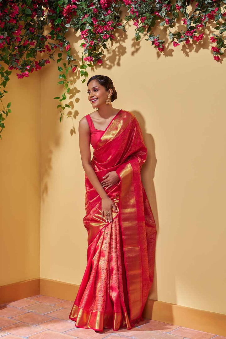 Red Checks With Peacock And Rudrakshi Kanchivaram Saree
