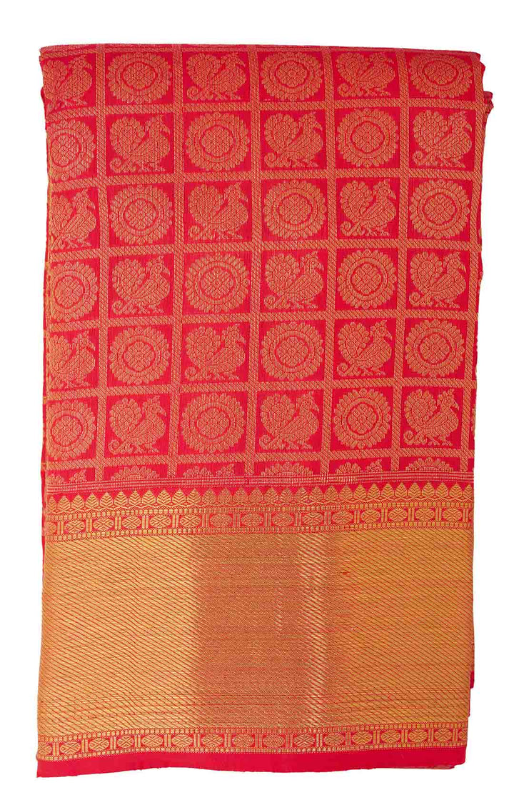 Red Checks With Peacock And Rudrakshi Kanchivaram Saree