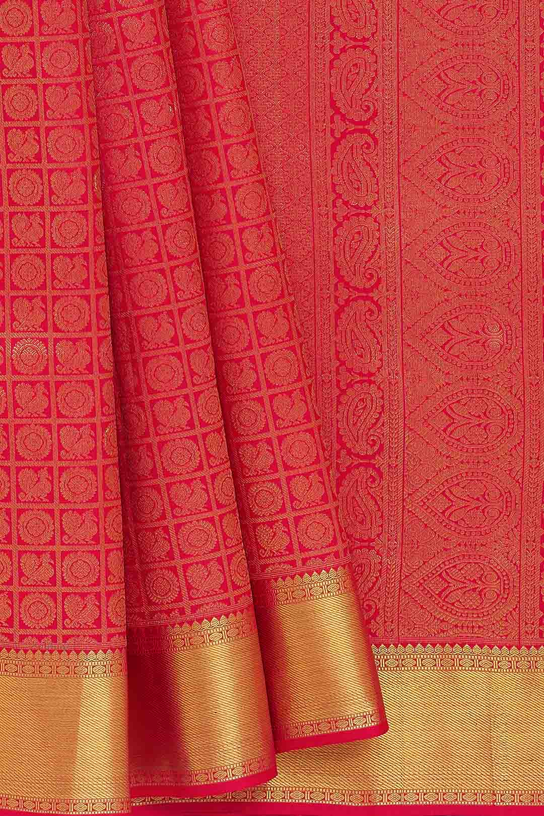 Red Checks With Peacock And Rudrakshi Kanchivaram Saree