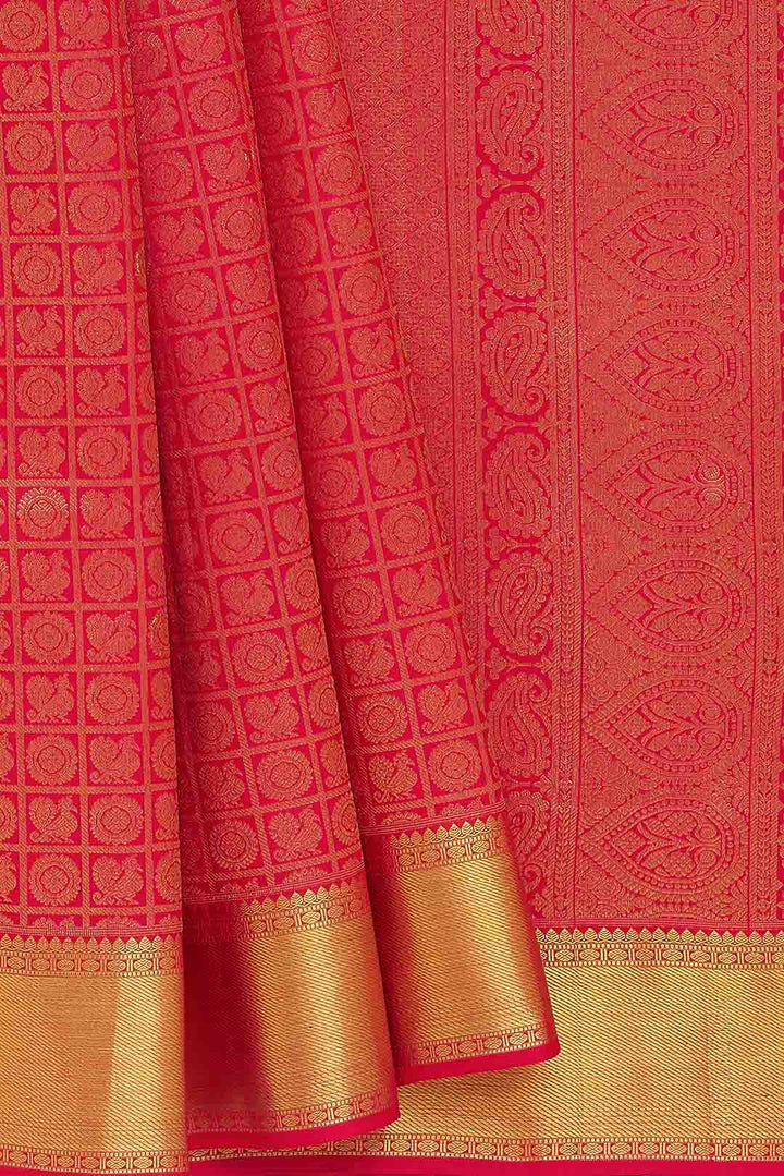 Red Checks With Peacock And Rudrakshi Kanchivaram Saree