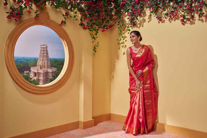 Red Checks With Peacock And Rudrakshi Kanchivaram Saree