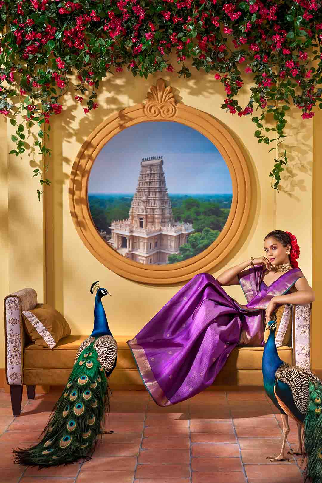 Violet Vairaoosi Lines Kanchivaram Saree With Peacock Butta Saree