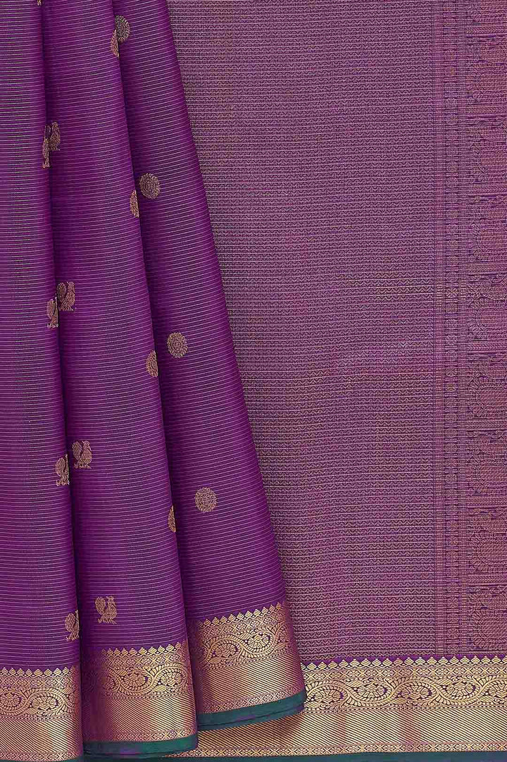 Violet Vairaoosi Lines Kanchivaram Saree With Peacock Butta Saree