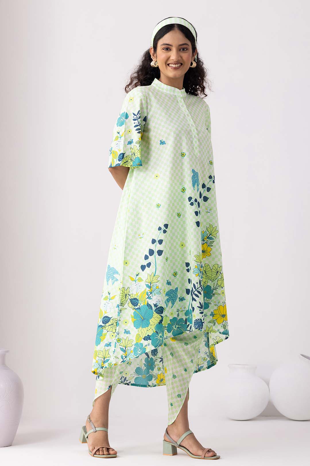 Checkered Neon Green Tunic Set