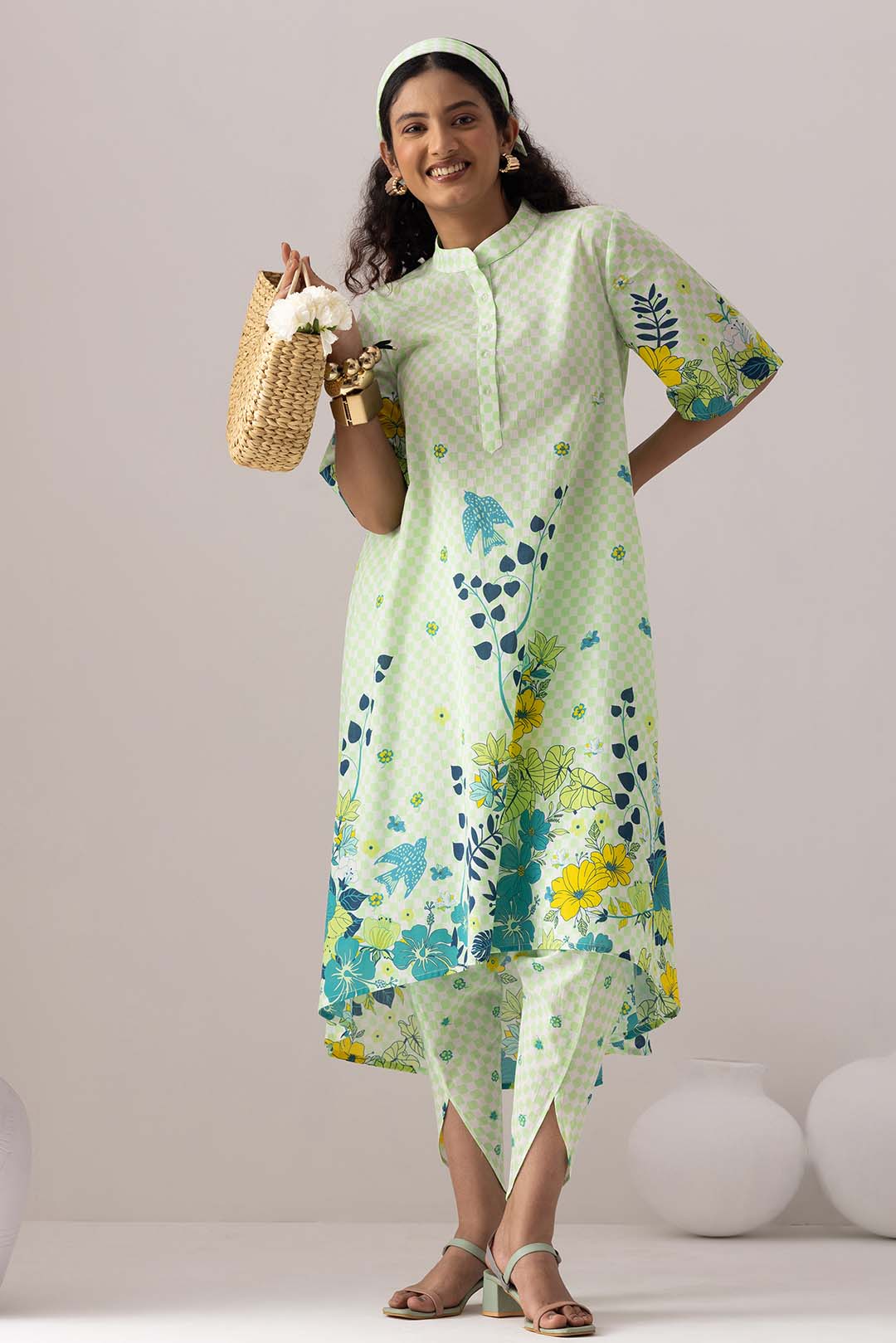 Checkered Neon Green Tunic Set