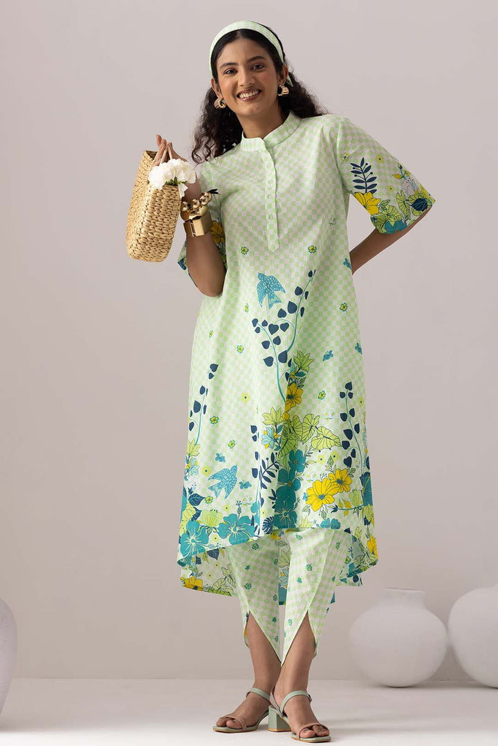 Checkered Neon Green Tunic Set