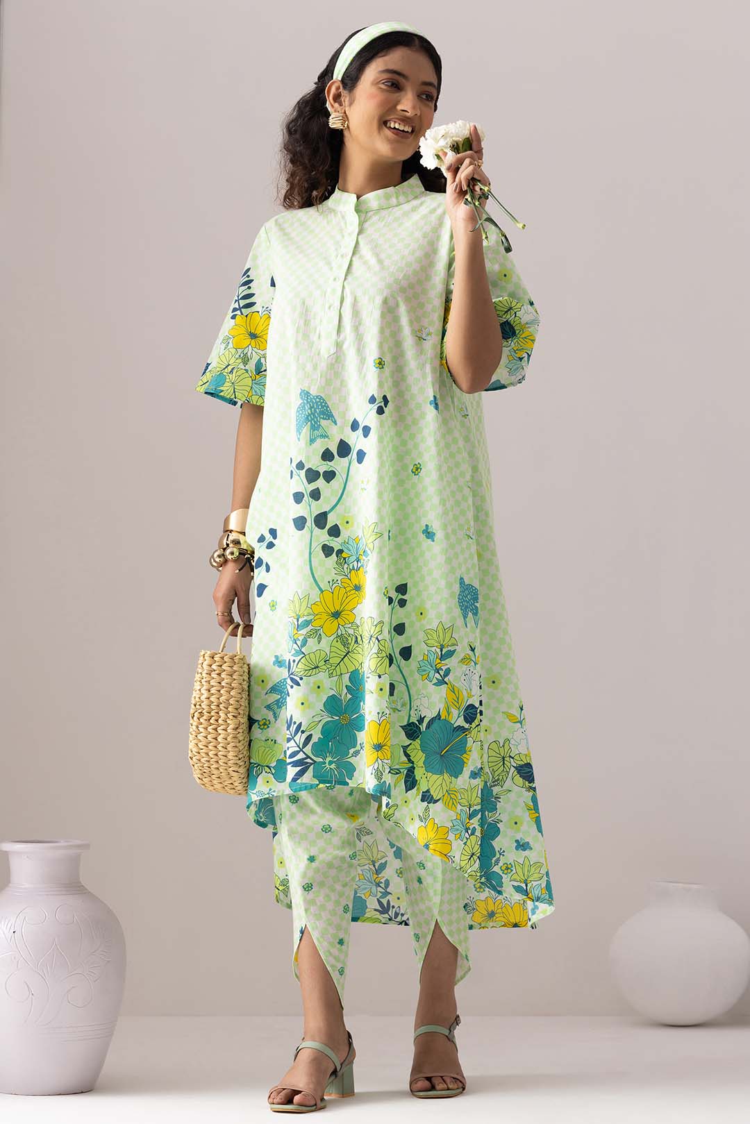 Checkered Neon Green Tunic Set