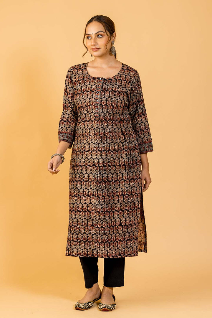 Hand Embroidered Roohani Ajrakh Cotton Kurta