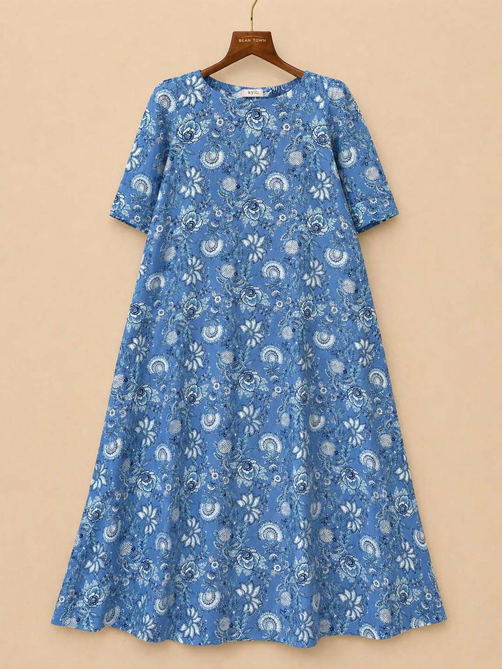 Blue And White Floral Boat Neck Dress