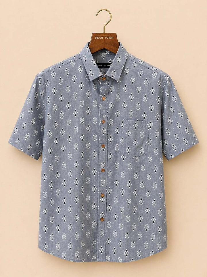 Grey With Off White And Black Butti Print Shirt