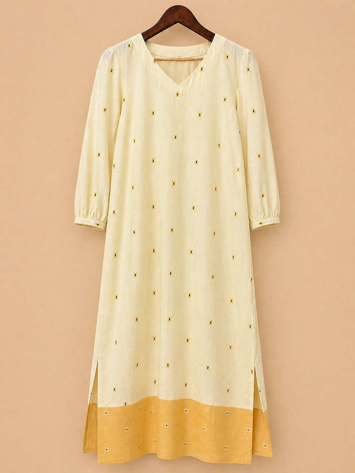 Cream With Yellow Jamdhani Dress