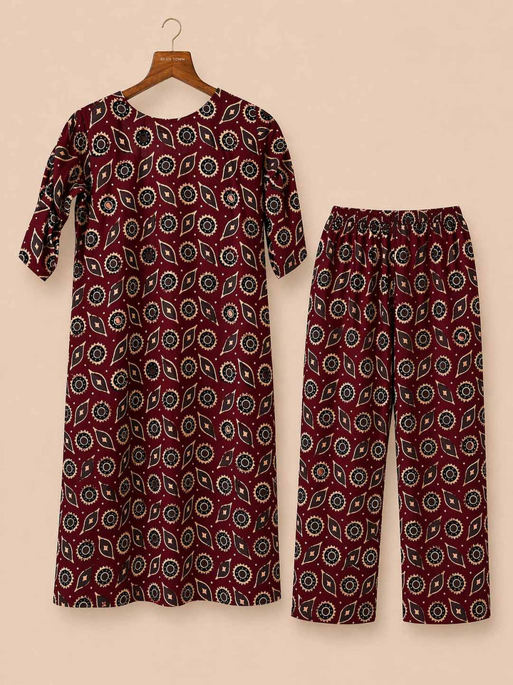 Maroon Printed Cotton Kurta and Pant Set
