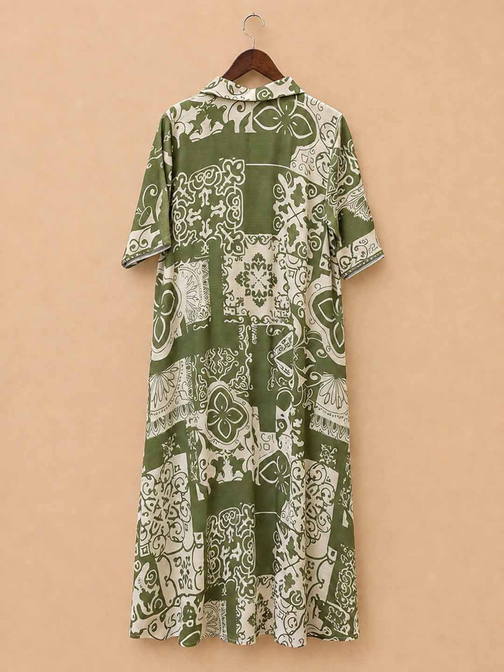 Beige and Green Printed Dress With Shirt Collar