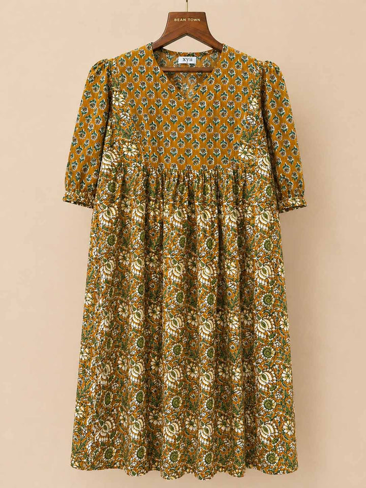 Mustard Yellow And Green Block Printed Kurta