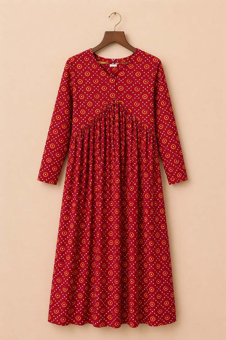 Red Alia Cut Bandhini Print Dress