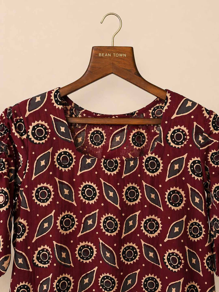 Maroon Printed Cotton Kurta and Pant Set