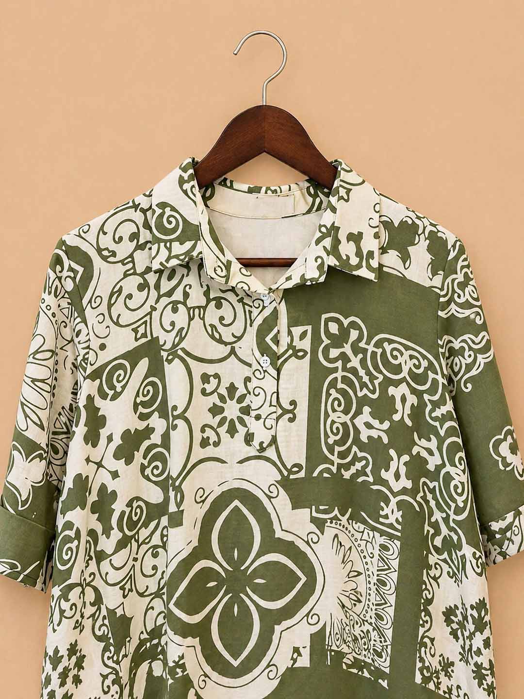 Beige and Green Printed Dress With Shirt Collar