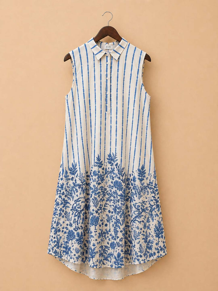 Off White Blue Line With Plant Print On Hem Dress