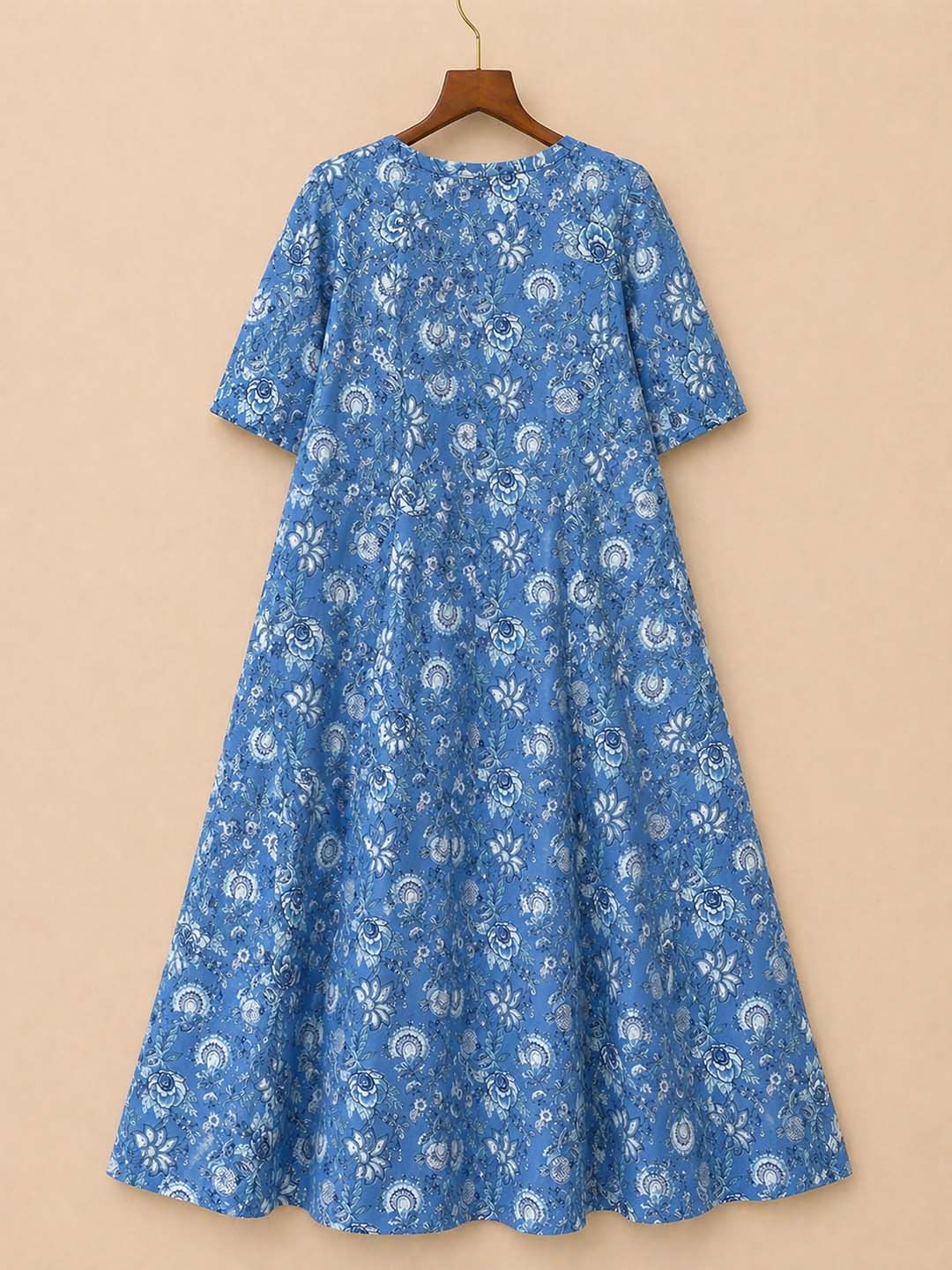 Blue And White Floral Boat Neck Dress