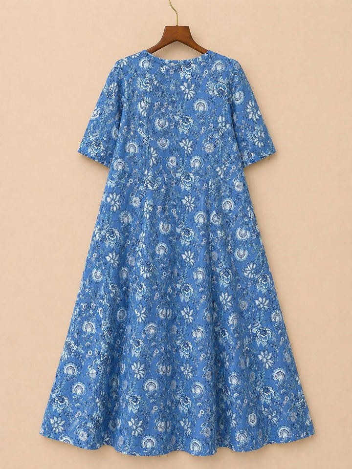 Blue And White Floral Boat Neck Dress