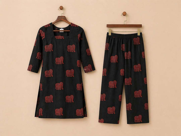 Black with Red Polka Elephant Printed Kurta Pant Set