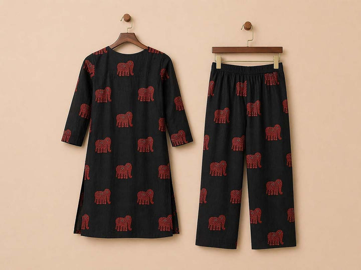 Black with Red Polka Elephant Printed Kurta Pant Set