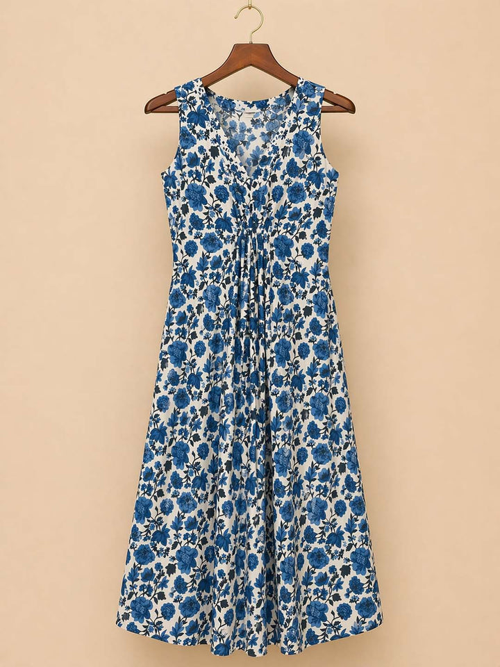 Floral White Blue Elastic Pleat Dress