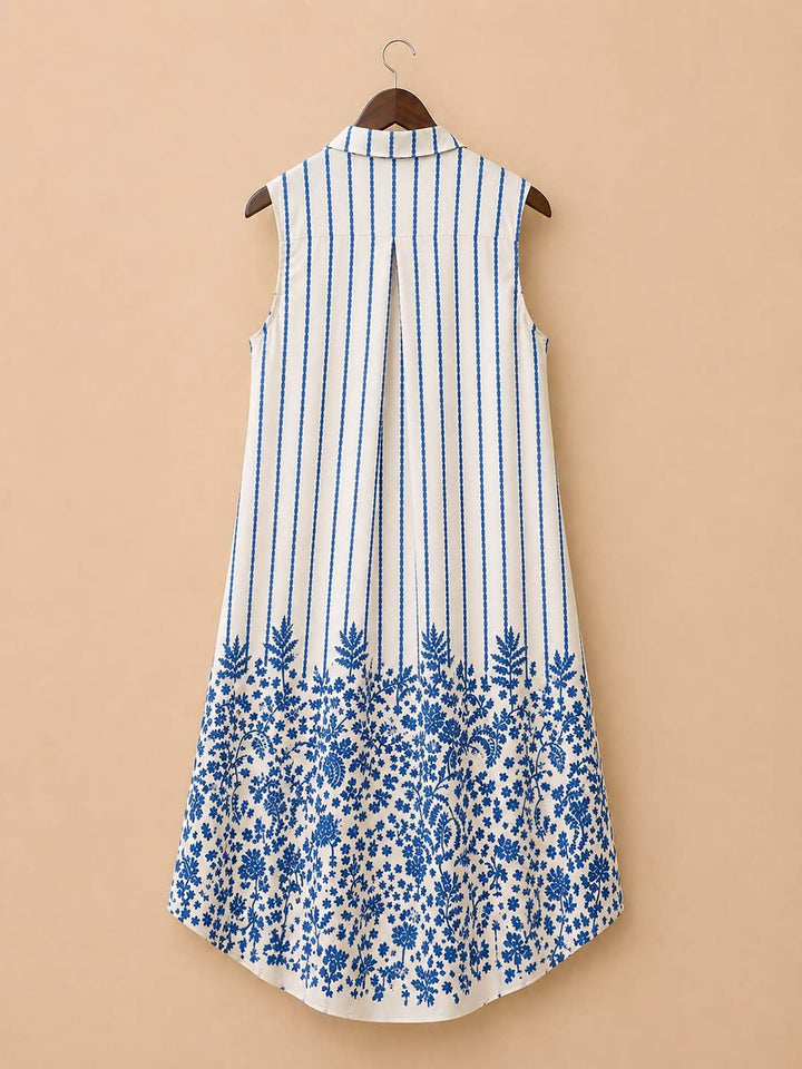 Off White Blue Line With Plant Print On Hem Dress