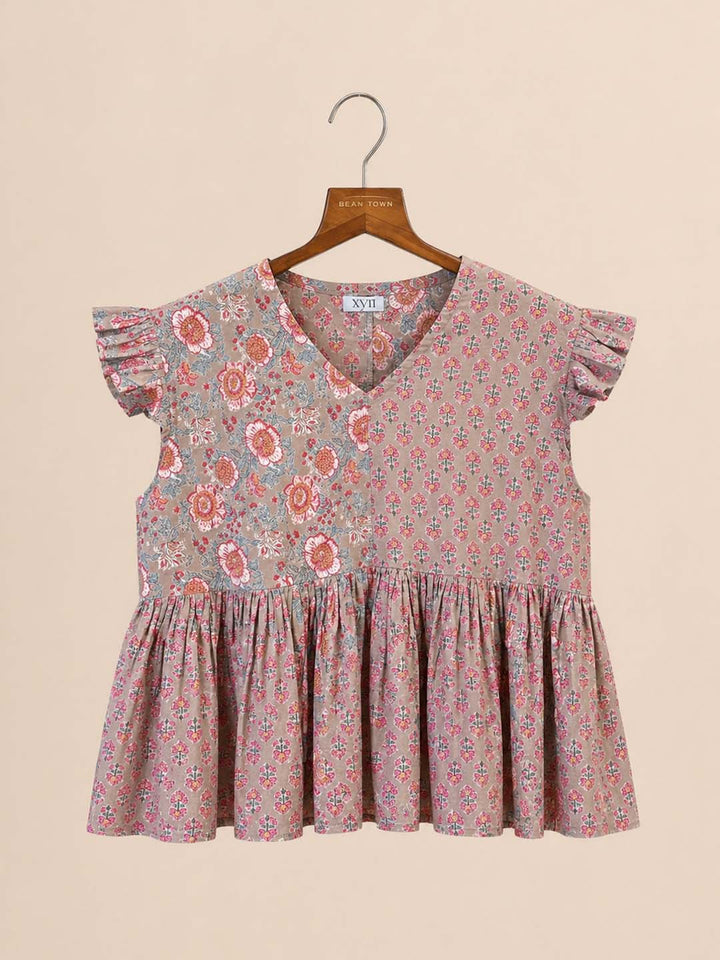 Nude With Blue And Pink Floral Printed Peplum Top