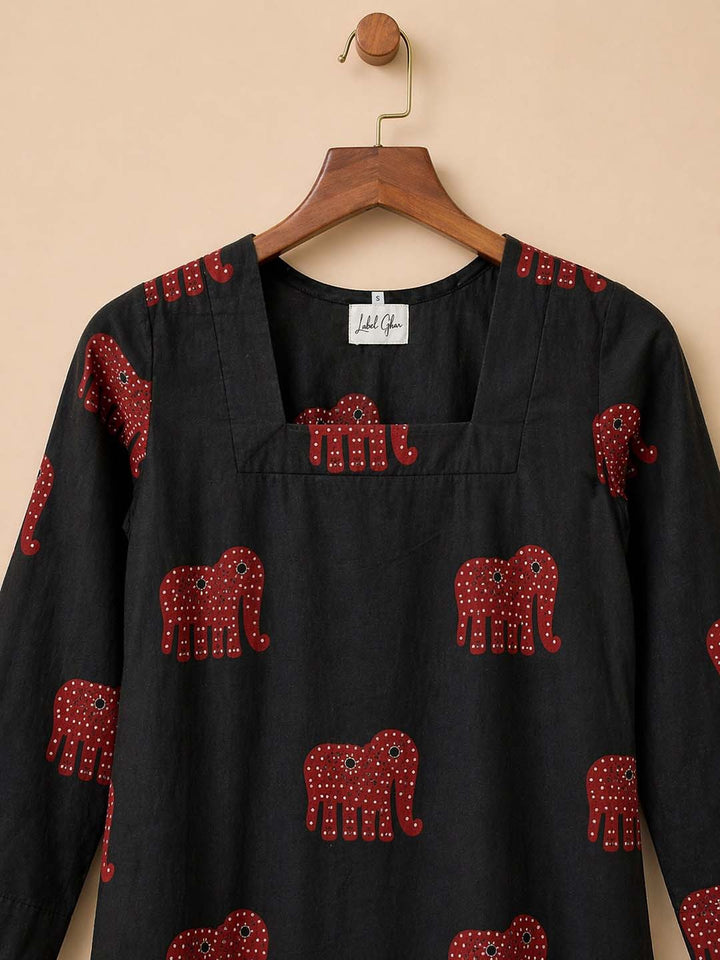 Black with Red Polka Elephant Printed Kurta Pant Set